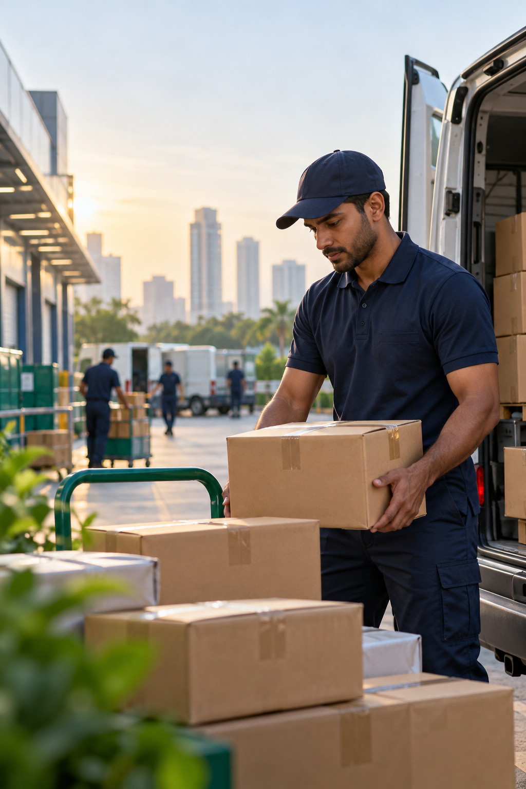 Delivery courier preparing parcels at a logistics hub